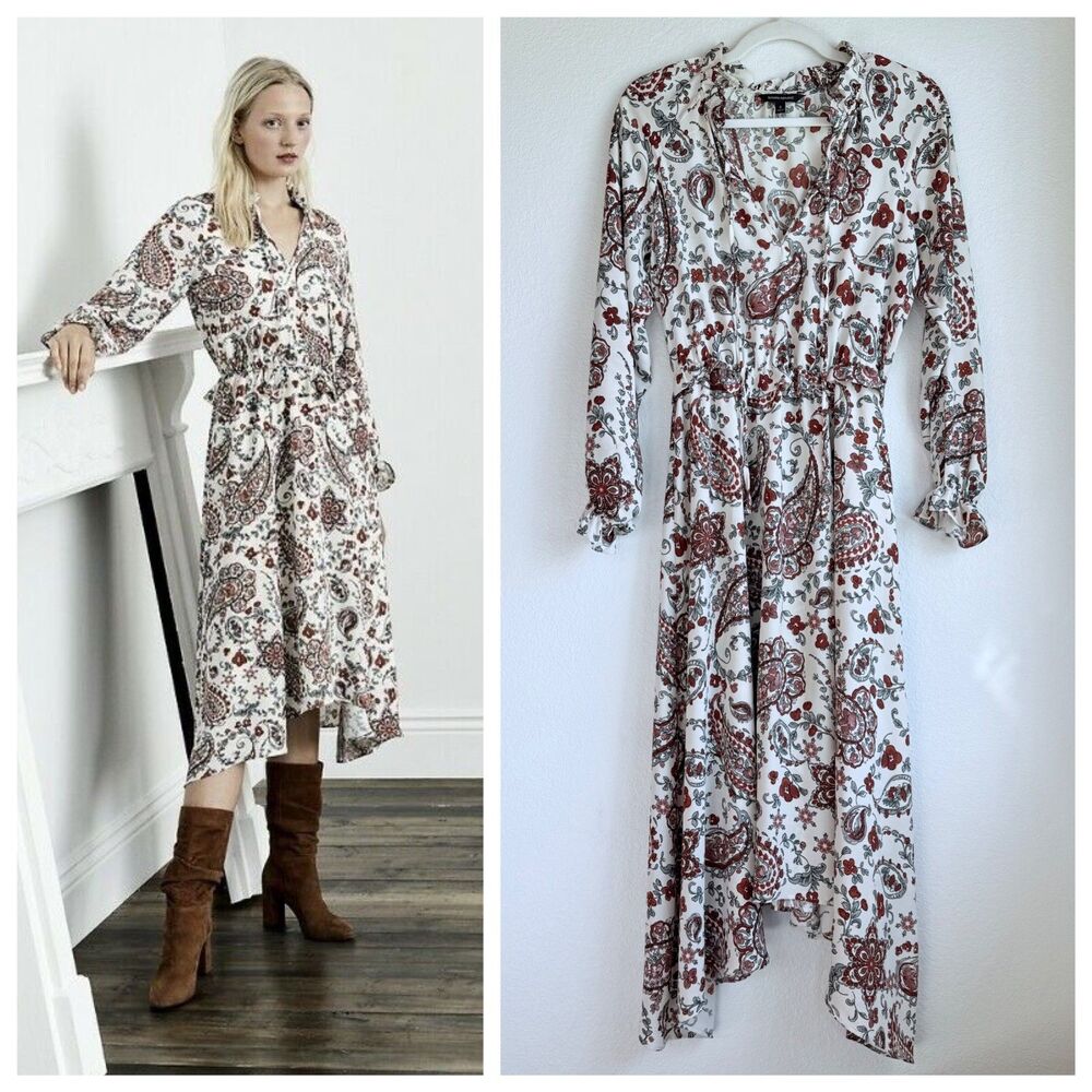 Banana Republic Womens Long Sleeve Voluminous Sleeve Midi Dress in Paisley Print